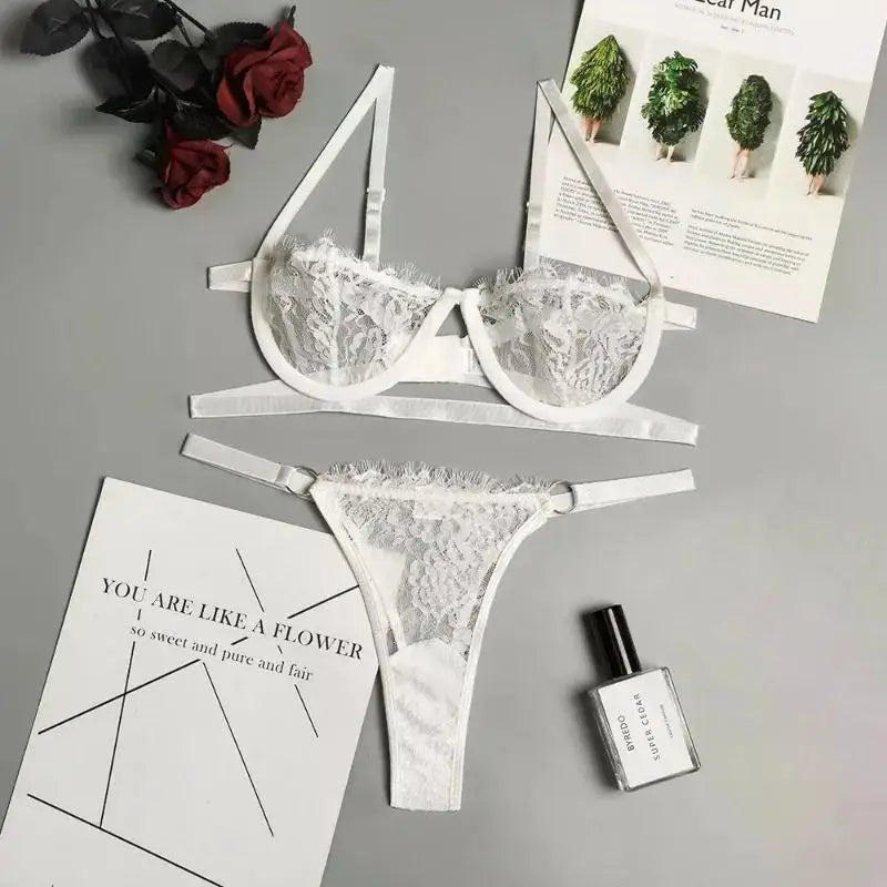 Sexy Lace Embroidered Transparent Lingerie Set