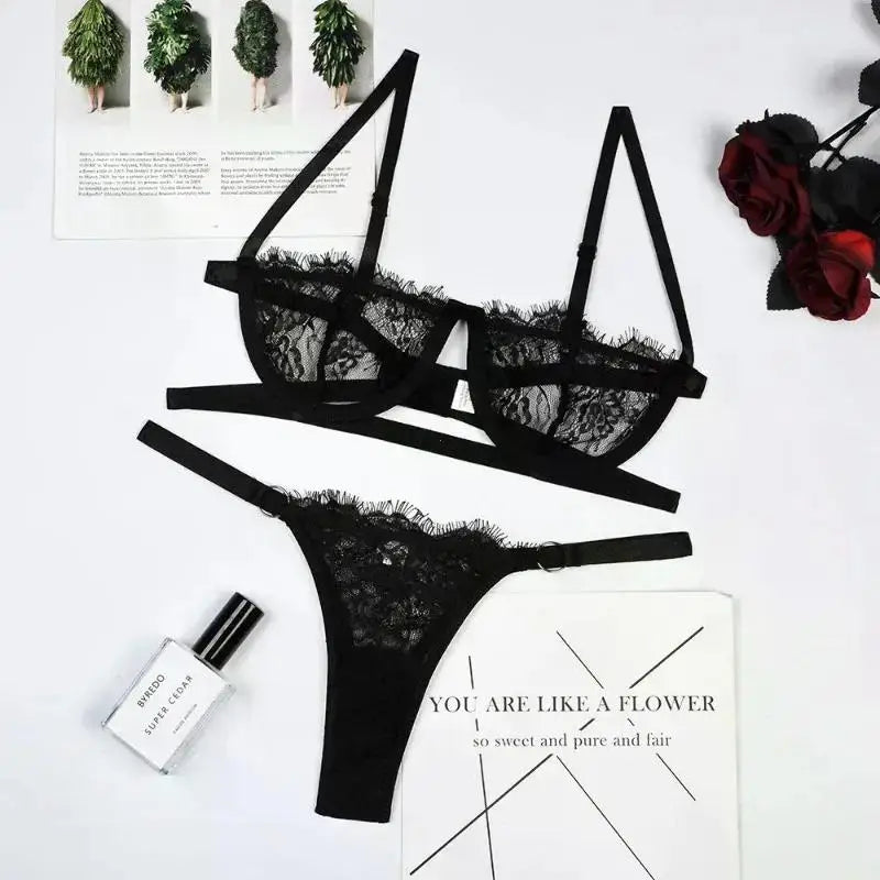 Sexy Lace Embroidered Transparent Lingerie Set